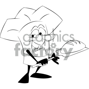 black and white cartoon chef baking bread clipart.