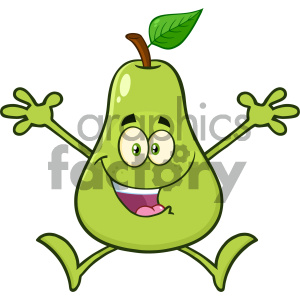 Royalty Free RF Clipart Illustration Happy Green Pear Fruit With Leaf Cartoon Mascot Character With Open Arms Jumping Vector Illustration Isolated On White Background clipart. Royalty-free image # 404213