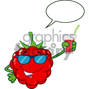 Raspberry Fruit Cartoon Mascot Character With Sunglasses Holding Up A Glass Of Juice With Speech Bubble
