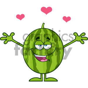 Royalty Free RF Clipart Illustration Happy Green Watermelon Fresh Fruit Cartoon Mascot Character With Hearts And Open Arms For Hugging Vector Illustration Isolated On White Background clipart. Commercial use image # 404389
