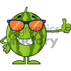 Smiling Green Watermelon Fresh Fruit Cartoon Mascot Character With Sunglasses Giving A Thumb Up clipart.