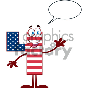 Happy Patriotic Number Four In American Flag Cartoon Mascot Character Waving For Greeting With Speech Bubble clipart.