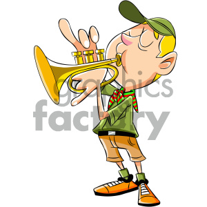 cartoon boy scout character playing trumpet clipart.