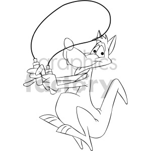 clipart - black and white cartoon kangaroo jumping with jump rope.