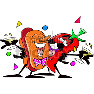 cartoon pepper and hotdog getting drunk at new years party clipart.