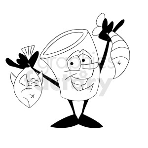 clipart - black and white cartoon sushi character holding fish.