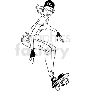 clipart - black and white cartoon female skater vector illustration.