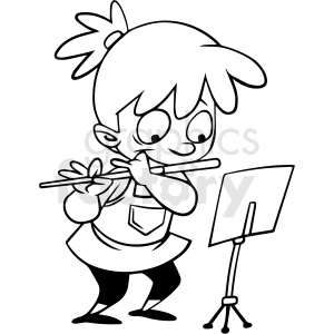 black and white girl playing flute vector clipart .
