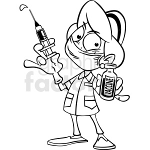 clipart - black and white cartoon female doctor giving covid 19 vaccine vector clipart.