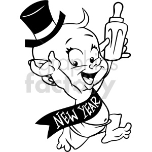 clipart - black and white baby new year having a drink vector clipart.