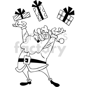 black and white cartoon Santa Clause juggling gifts clipart .