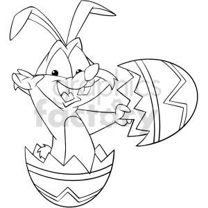 black and white cartoon easter bunny busting from egg clipart .