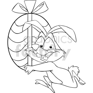 black and white cartoon easter bunny running with egg clipart .