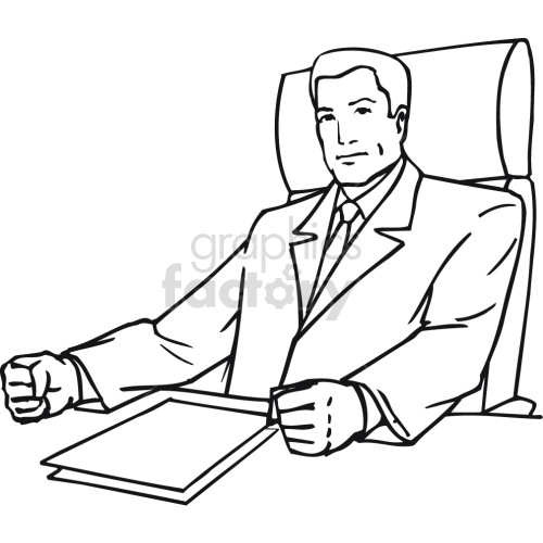 boss CEO sitting at his desk black white clipart.