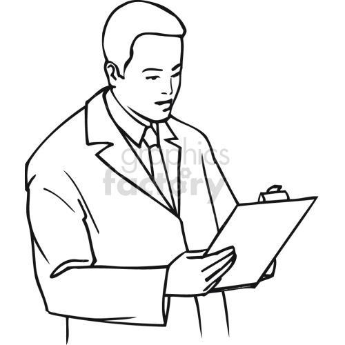 male doctor reading medical charts black white clipart.