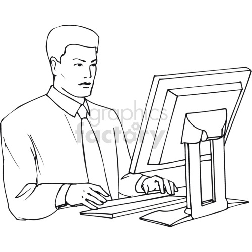 male software engineer sitting at computer black white