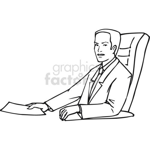 lawyer sitting in office chair black white clipart.