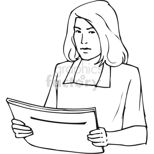 female reading newpaper black white clipart.