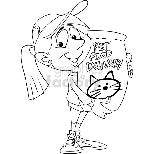 black and white cartoon girl delivering pet food