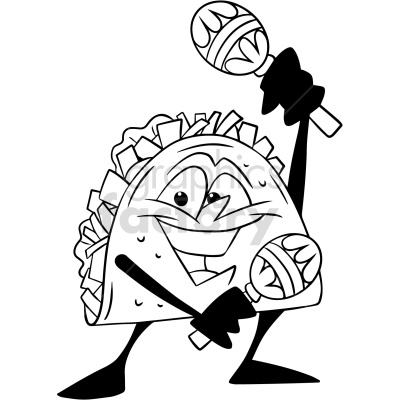 black white cartoon taco character holding maracas vector clipart