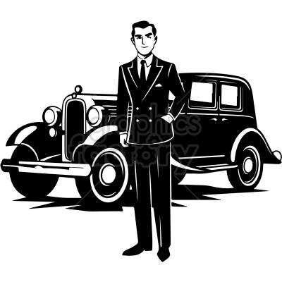 black and white vintage car salesman vector clip art
