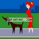 clipart - Animated lady walking her dog.