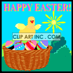 Animated Easter chick on top of basket of eggs