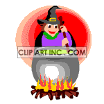 clipart - animated witch stirring her cauldron.