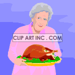 animated women holding a freshly baked turkey clipart.