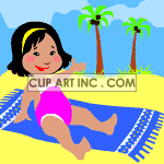 A black haired girl wearing a pink bathing suit laying on a beach towel at the beach