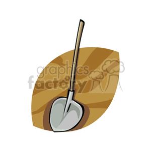 The clipart image features a long-handled spade shovel, which is a common gardening tool used for digging, lifting, and moving bulk materials within agriculture, gardening, landscaping, and other horticultural practices.