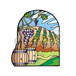 Wine barrel in a vineyard loaded with grapes on the vine clipart. Royalty-free image # 128780