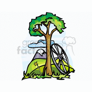 Wagon wheel propped against a tree clipart.
