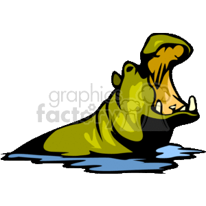 This clipart image shows a gray hippopotamus, a large semiaquatic mammal native to Africa, in a water or swamp environment. The hippo is depicted with its mouth open wide, showing its large teeth, and appears to be yawning.
