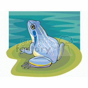 Blue frog resting on a lily pad clipart.