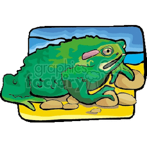 This clipart image features a stylized, cartoonish representation of a large, green frog with warts, sitting on what appears to be a patch of ground or rocks. The frog has a pronounced round eye and a pink tongue, and it seems exaggerated in size and features for effect. The background suggests a watery habitat with blue hues.