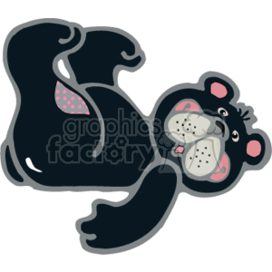 This cartoon shows a playful black bear lying on its back. It has one arm stretched out and both its feet in the air. It has pink cheeks and pink inner ears.