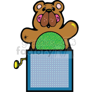 The clipart image shows a colorful, cartoon-style Jack-in-the-Box toy with a bear. The bear is reminiscent of a teddy bear, and the overall style has a country feel to it. It is a cute depiction of a toy animal commonly associated with childhood.
