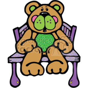 The clipart image shows a cute cartoon teddy bear and two other stuffed toy bears sitting on a country-style wooden bench. The bench has a backrest, armrests, and legs carved in a decorative pattern.
