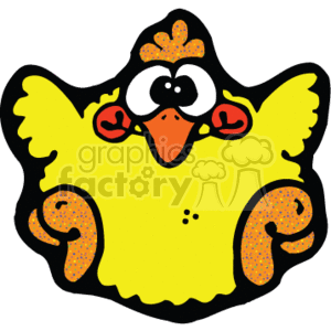 This clipart image shows a yellow chick facing towards you. It has bold black outlines and red cheeks. Big eyes and an orange beak, feet, and head. 