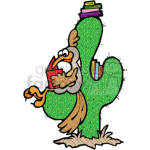 The clipart image shows a cartoon depiction of the Road Runner, a bird character from the Looney Tunes animated series. In the image, the Road Runner is shown sitting on a cactus reading a book, with more books sitting on top of the cactus in varying places
