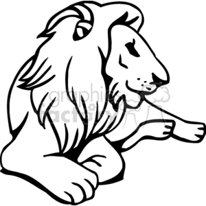 Black and white lion lying down, thick mane clipart. Commercial use image # 131057