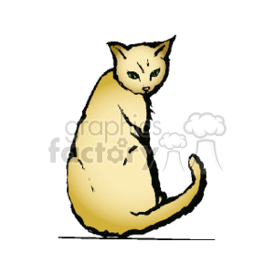 The clipart image shows a yellow cat sitting upright with its tail wrapped around its body. Its ears are pointed upwards in a curious or alert position. It has its heard turned back as if it is looking at you
