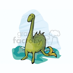 The clipart image depicts a cartoon dinosaur that resembles a sauropod with a long neck and tail. It is standing on a light-blue surface, possibly water, with a faint outline that could suggest an iceberg or a rock formation in the background, giving it an ancient and prehistoric look.