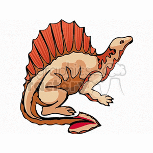 The clipart image depicts a stylized cartoon of a Spinosaurus, a genre of dinosaur characterized by its distinctive sail-like structure on its back and its long crocodilian snout. The dinosaur is portrayed with a large, upright fin or sail, a beige body, and has detailing that suggests stripes or markings on its tail and sail.