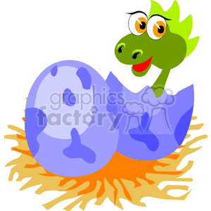 This clipart image shows a cartoon of a green, happy dinosaur hatching from a blue egg with purple spots. The egg is cracked in half and the dinosaur is emerging from the bottom part of the shell, while the top half seems to be discarded to the side. The hatching scene is set upon a straw nest.
