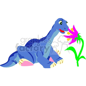 Blue dinosaur smelling flowers