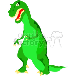 The image is a simple, cartoon-like clipart of a green Tyrannosaurus Rex (T-Rex) dinosaur. The dinosaur is standing upright on two legs with a slightly open mouth, revealing teeth, and has short arms characteristic of a T-Rex.