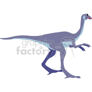 This clipart image features a stylized, cartoonish representation of a bipedal dinosaur. The dinosaur has a long neck, a slender body, and appears to be running or walking with a playful or comical stance. It has a long tail for balance and two forelimbs with visible fingers or claws. The coloration is primarily shades of blue, with a lighter blue underbelly.