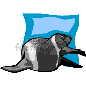 The clipart image features a stylized seal with a light and dark gray body, a black face, and highlights suggesting a shiny coat. The background is a simple blue shape resembling a body of water.